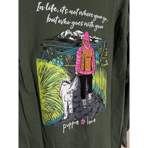 Puppie Love NEW w/Tag Hiking Pup Long Sleeve, Green, 100% Cotton Tee Shirt Small - Picture 4 of 9